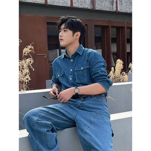 春秋季美式水洗复古牛仔衬衫男长袖宽松潮牌高街百搭衬衣CSC912图片