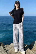 时尚简约套装女夏新款收腰显瘦圆领开叉不规则短袖印花长裤两件套，女装套装/套裙，江南