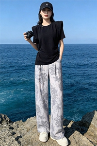 时尚简约套装女夏新款收腰显瘦圆领开叉不规则短袖印花长裤两件套图片