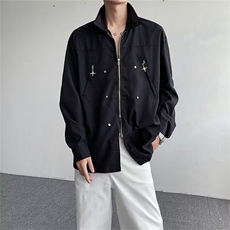 小众金属设计衬衫男女宽松休闲韩版拉链解构长袖衬衣-S1036-p45，男装衬衫，星座601-2