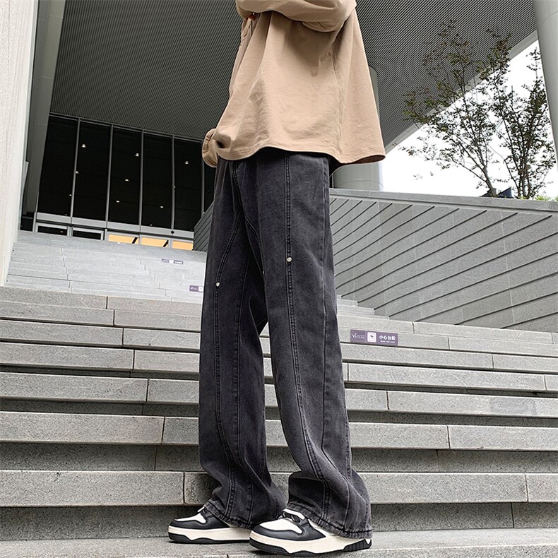 开春新品牛仔美式男款坠感拼接暗扣直筒长裤宽松N09177-P45,男装牛仔裤,星座308B-1