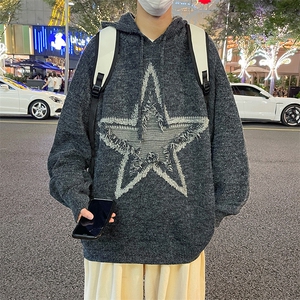 港风秋款男连帽毛衣针织衫五角星毛巾绣休闲外套M326 P60图片