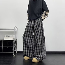 复古慵懒风双腰头拼接格子裤男女美式爵士舞宽松阔腿裤hiphop长裤，男装休闲裤，四季星座505