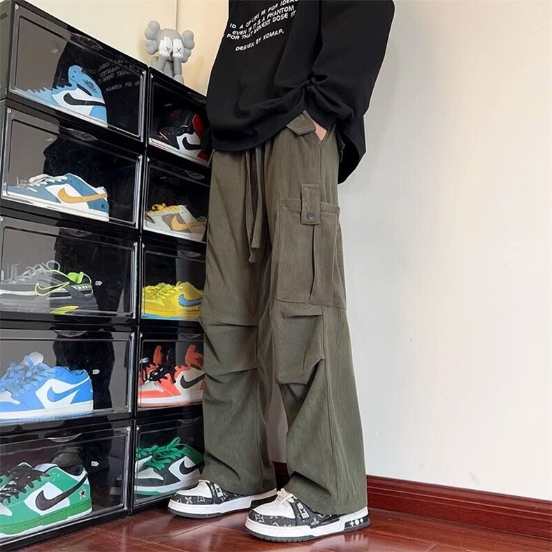 灯芯绒工装裤子男款冬季潮流宽松直筒阔腿裤加绒加厚军绿色休闲裤，男装休闲裤，星座506A