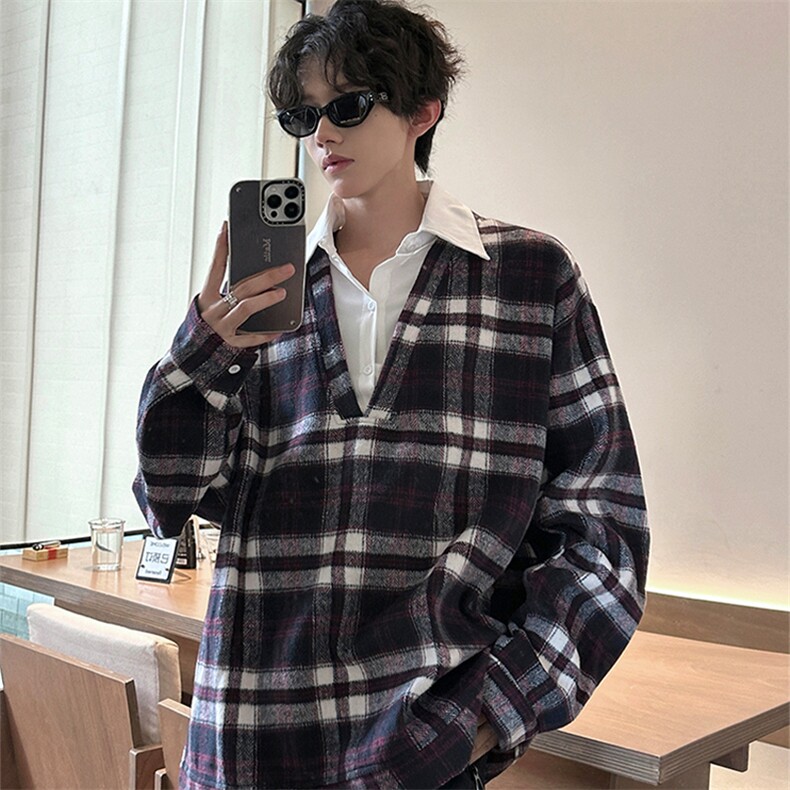 秋冬氛围感高街假两件卫衣经典格子假两件卫衣秋冬流行单品P65，男装卫衣，电商B319