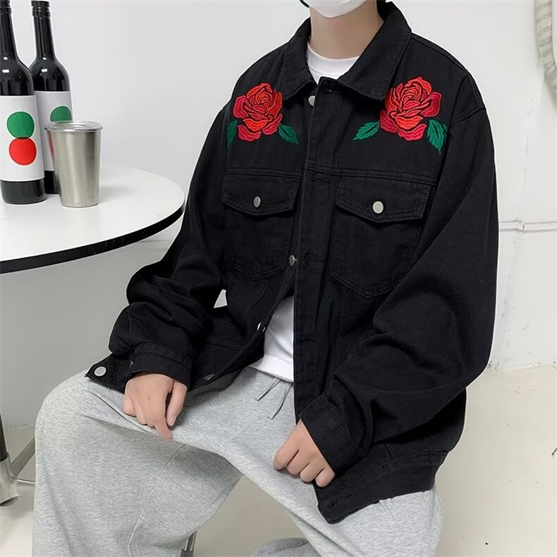 单排扣牛仔夹克长袖宽松型潮翻领玫瑰刺绣牛仔外套BW28P65,男装夹克,星座1116-2
