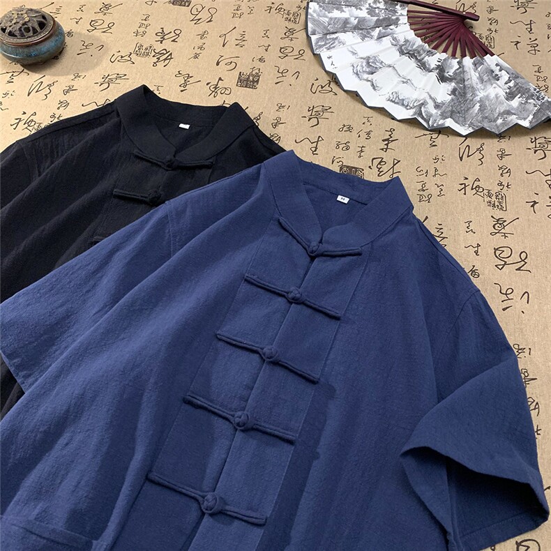 现货主推棉麻衬衫唐装一字扣短袖T中风半袖男上衣CS08-P55,男装衬衫,星座217-5