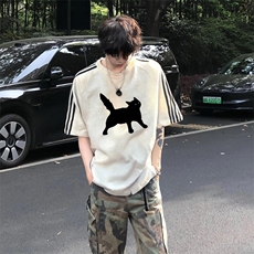 抖音得物高品质二开240克宽松纯棉美式潮牌三条杠织带短袖T恤，男装T恤，电商A486-1