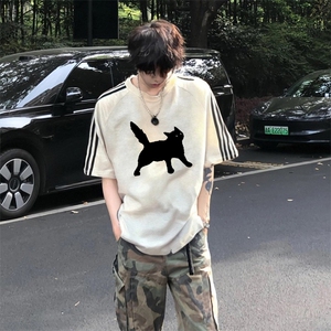 抖音得物高品质二开240克宽松纯棉美式潮牌三条杠织带短袖T恤图片