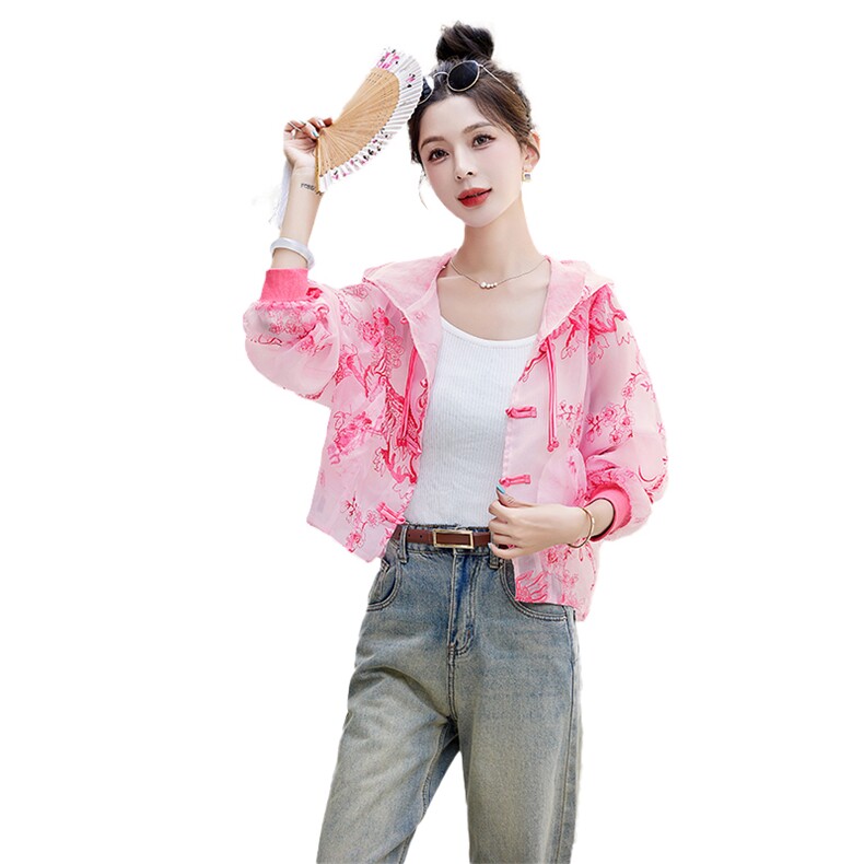 新中式国风防晒衣女夏季2024年新款薄款刺绣宽松防晒服连帽短外套,女装防晒衣,关键词