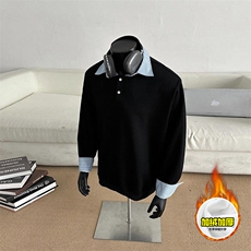 重磅加绒硬挺boxy男女美式高街假两件衬衫领长袖卫衣POLO领打底衫，男装T恤，电商A486