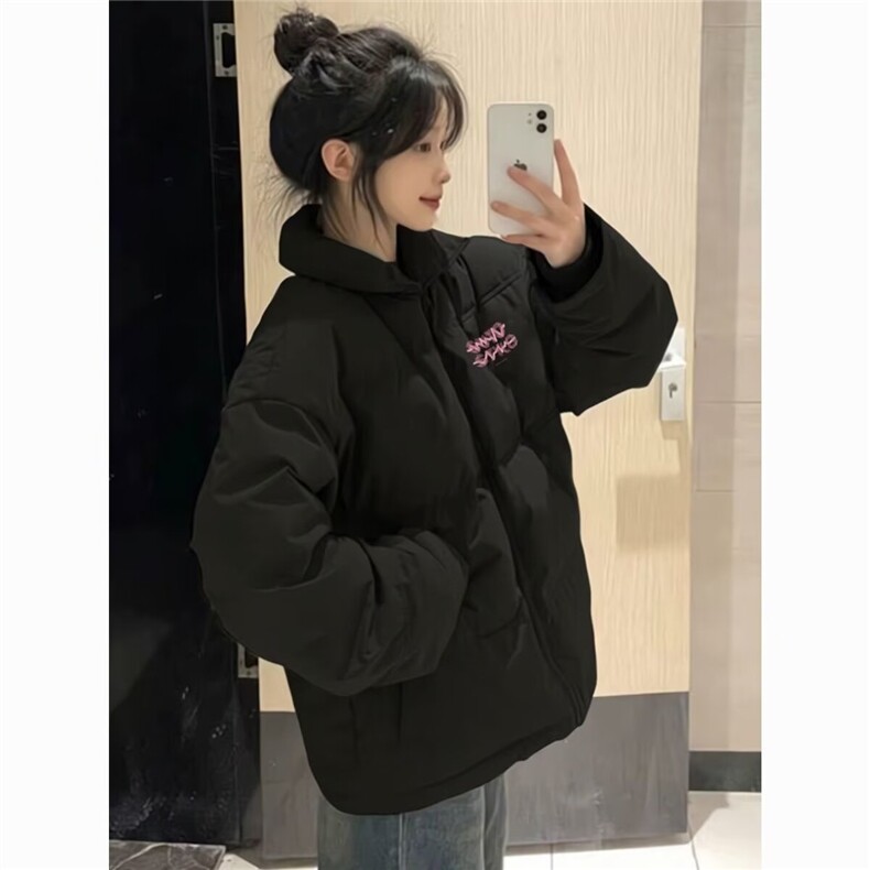 美式潮牌设计感字母印花立领棉衣女秋季新品宽松百搭情侣休闲外套图片
