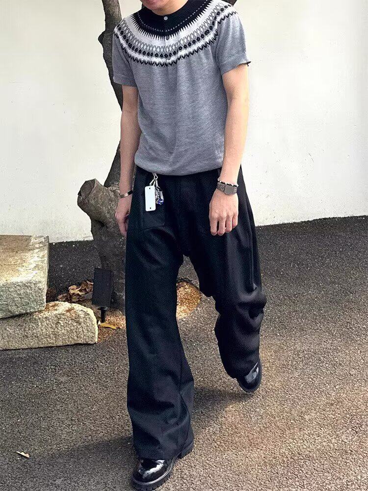 夏季费尔岛针织短袖T恤男复古小领口正肩慵懒风松弛设计感半袖t恤,男装T恤,四季星座505