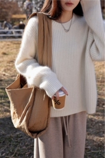 秋冬新款坑条纹软糯宽松套头短款毛衣女加厚，女装针织衫/毛衣，胜智羊绒