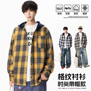 2025秋季新款百搭复古格子连帽棉质衬衫青少年长袖衬衣HH9171图片