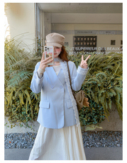 高级感超好看炸街小西服蓝色蕾丝飘带西装外套秋，女装西装，浙宝123