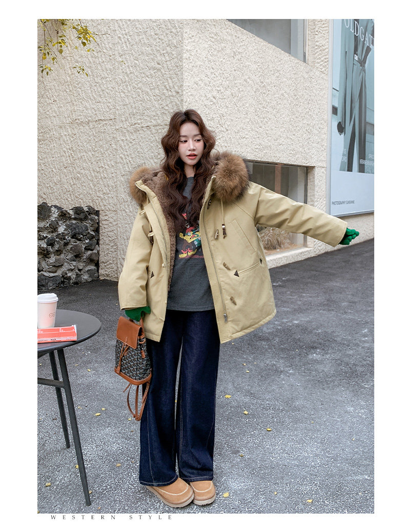 连帽牛角扣保暖加厚派克服冬韩版复古休闲工装外套,女装派克服,浙宝099