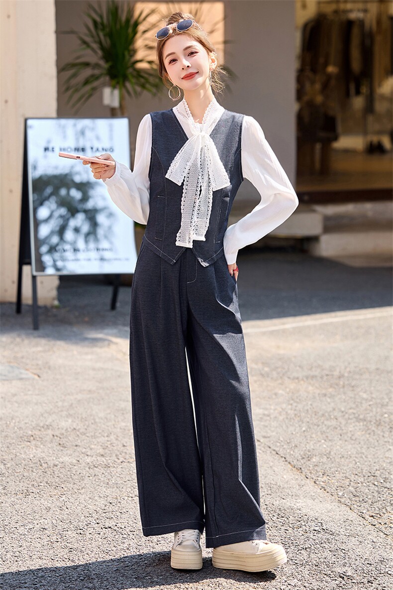 休闲牛仔时尚套装女2025春新款超火韩系穿搭洋气马甲阔腿裤三件套,女装套装/套裙,伊仟回