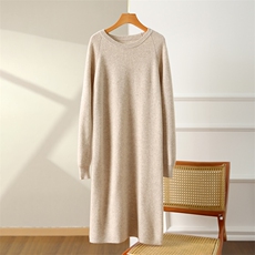 秋冬新款羊毛针织连衣裙女圆领毛衣中长裙宽松过膝裙打底裙，女装连衣裙，松航羊绒