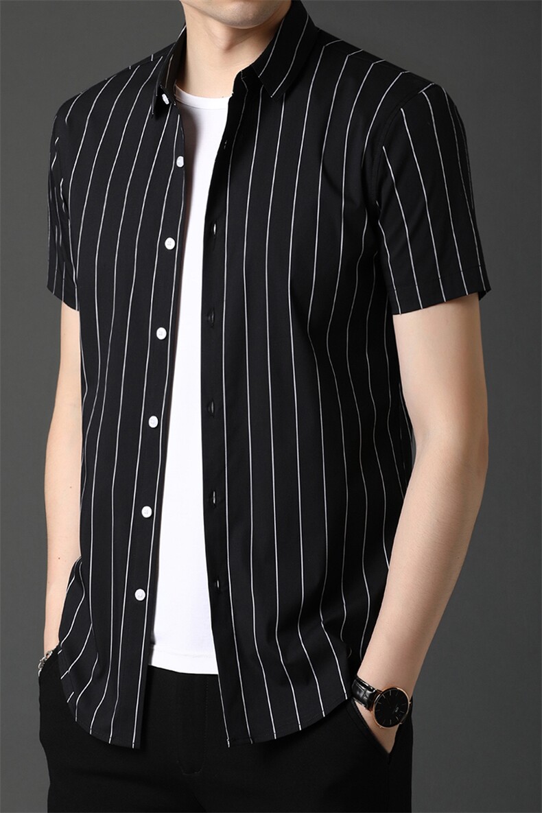 C6850男士2023年夏季新款短袖衬衣修身休闲条纹潮流衬衫P60,男装衬衫,电商B360