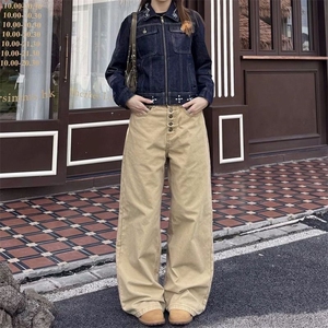 高街通勤字母纽扣水洗直筒牛仔裤女春秋季宽松慵懒风阔腿牛仔裤子图片