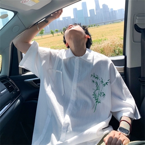 中式复古竹子印花竹节棉垂感短袖袖衬衫CS2411特p42控78抖音控89图片