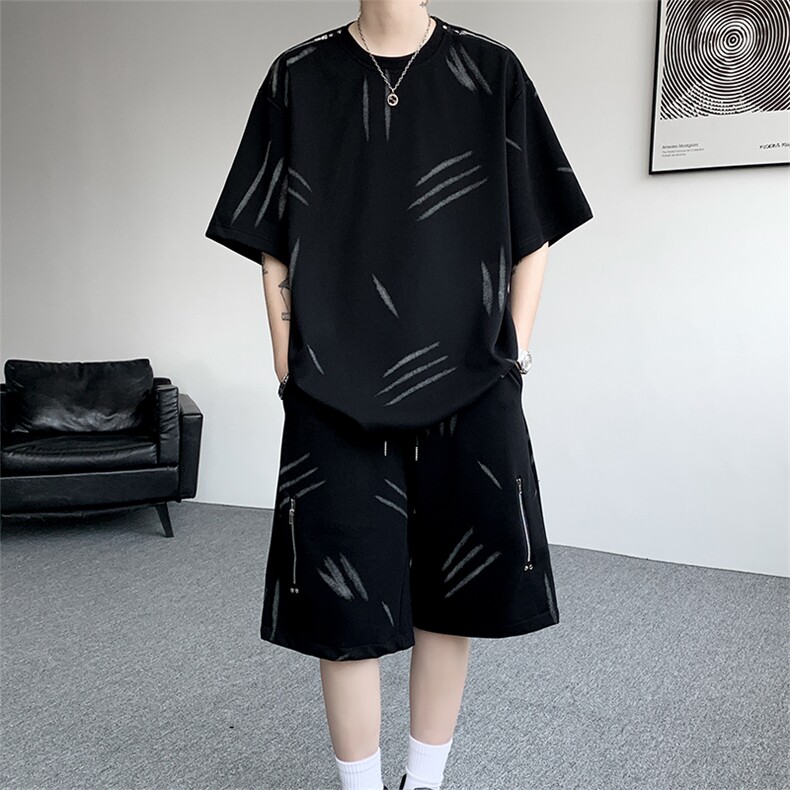 高品质猫爪布美式机车拉链套装夏季新款设计短袖短裤套装特P70,男装休闲套装,电商B319
