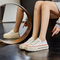 方头两穿小白鞋女2024夏季新款女士厚底休闲板鞋透气百搭平底女鞋，女鞋帆布鞋，电商A223