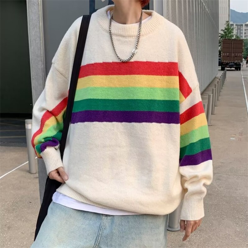 彩虹条纹毛衣男秋季美式复古潮牌情侣宽松圆领针织衫M931-P41,男装针织衫/毛衣,星座512-2