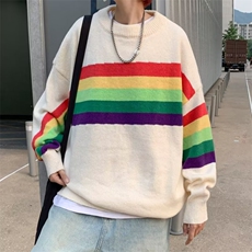 彩虹条纹毛衣男秋季美式复古潮牌情侣宽松圆领针织衫M931-P41，男装针织衫/毛衣，星座512-2