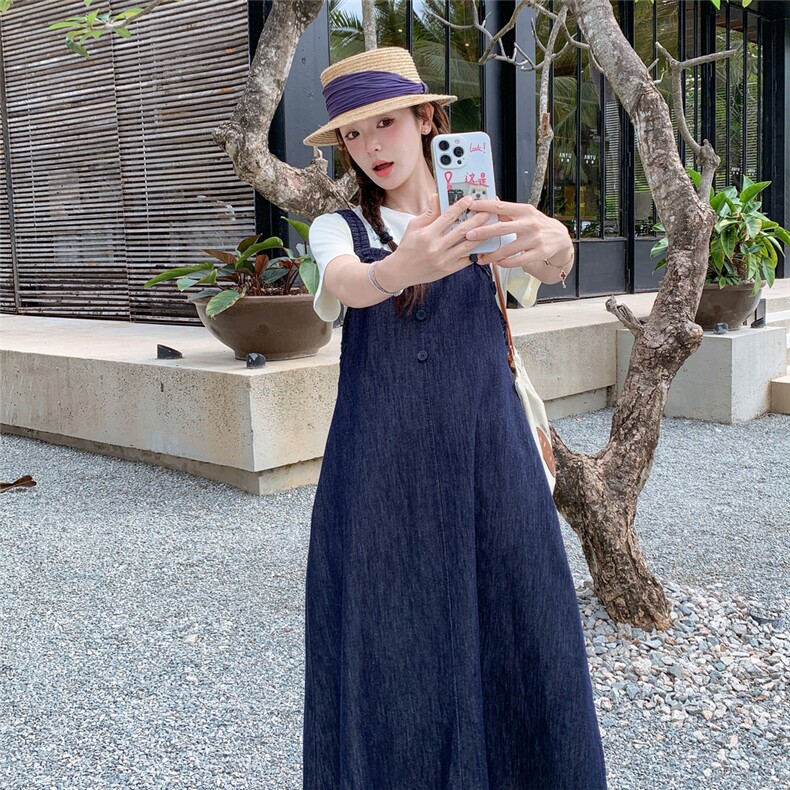 韩系高级感气质百搭显瘦牛仔背带连衣裙女夏季新款宽松休闲裙子,女装背心吊带,2D076