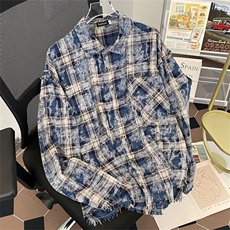 2024春季新款高质量扎染棉衬衫格子毛边衬衣平铺现货W8112-P52，男装衬衫，星座512-4