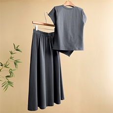 设计感时尚休闲套装女夏季新款修身显瘦圆领开叉上衣半身裙两件套，女装套装/套裙，江南