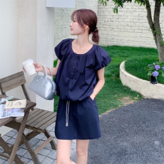 藏青色时尚一整套穿搭泡泡袖上衣套装裙女2025夏新款半身裙两件套，女装套装/套裙，浙宝220