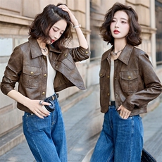 水洗皮衣外套女2025春秋新款复古小个子美拉德修身机车风夹克上衣，女装皮衣，臻衣坊