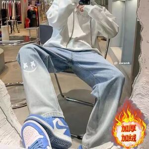 美式复古嘻哈高街男女印花弯刀阔腿牛仔裤宽松垂感加绒阔腿裤图片