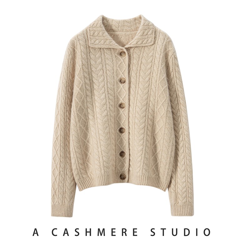 2025年秋季翻领单排扣厚款单件长袖开衫时尚百搭，女装针织衫/毛衣，珍丝贝尔