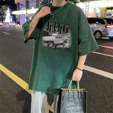 DSA028-SXDT2312P32重磅蜡染克美式复古水洗潮牌印花短袖男，男装T恤，电商A028