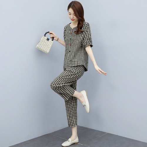 时尚棉麻格子套装女夏大码减龄T恤七分哈伦裤休闲亚麻两件套,女装套装/套裙,悠米