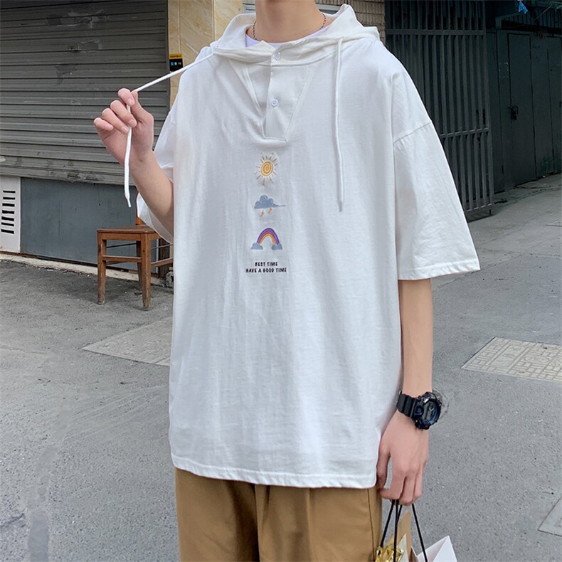 LD54141-P45连帽短袖t恤男大码胖子带帽五分袖中袖,男装T恤,电商A040