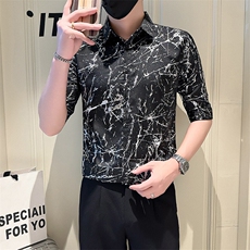 店主风社会小伙男七分袖烫金衬衫男休闲衬衣301A-1/CS563/P55，男装衬衫，星座301A-1