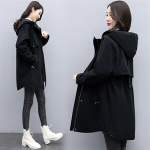 有现货2021冬季新款休闲时尚加绒加棉外套连帽中长款保暖棉服，女装棉衣/棉服，依万里