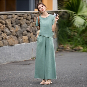 现货棉麻套装女2026年夏季夏季新款女装时尚气质休闲通勤两件套图片
