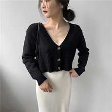 时尚V领扭花短款开衫显瘦百搭针织毛衣外套，女装针织衫/毛衣，鑫之绒