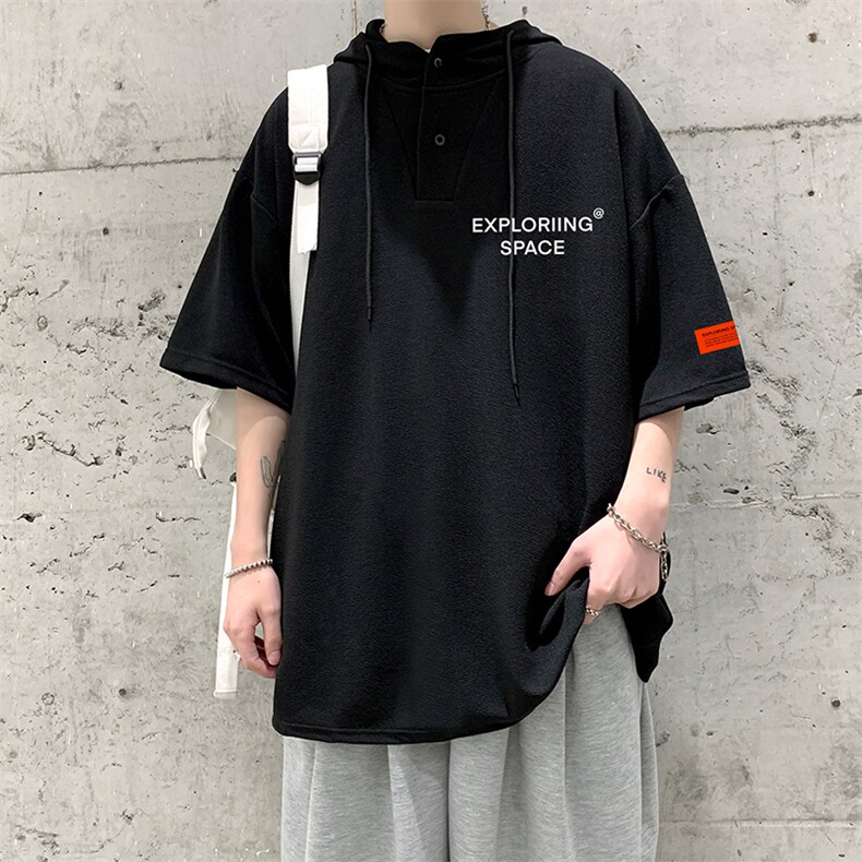 LD54244-P45连帽短袖t恤男大码胖子带帽五分袖中袖,男装T恤,电商A040