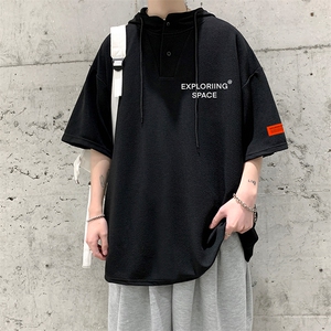 LD54244-P45连帽短袖t恤男大码胖子带帽五分袖中袖