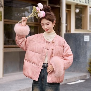 现货新中式羽绒服女2025冬季新款巨好看的短款粉色狐狸毛保暖外套图片