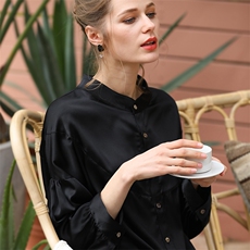 优雅真丝宽松衬衫女七分袖简约纯色百搭上衣，女装衬衫，澳冬特羊绒