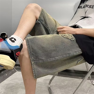 刺绣痞帅牛仔短裤男夏季美式复古高街五分裤宽松直筒裤GD912-P36图片