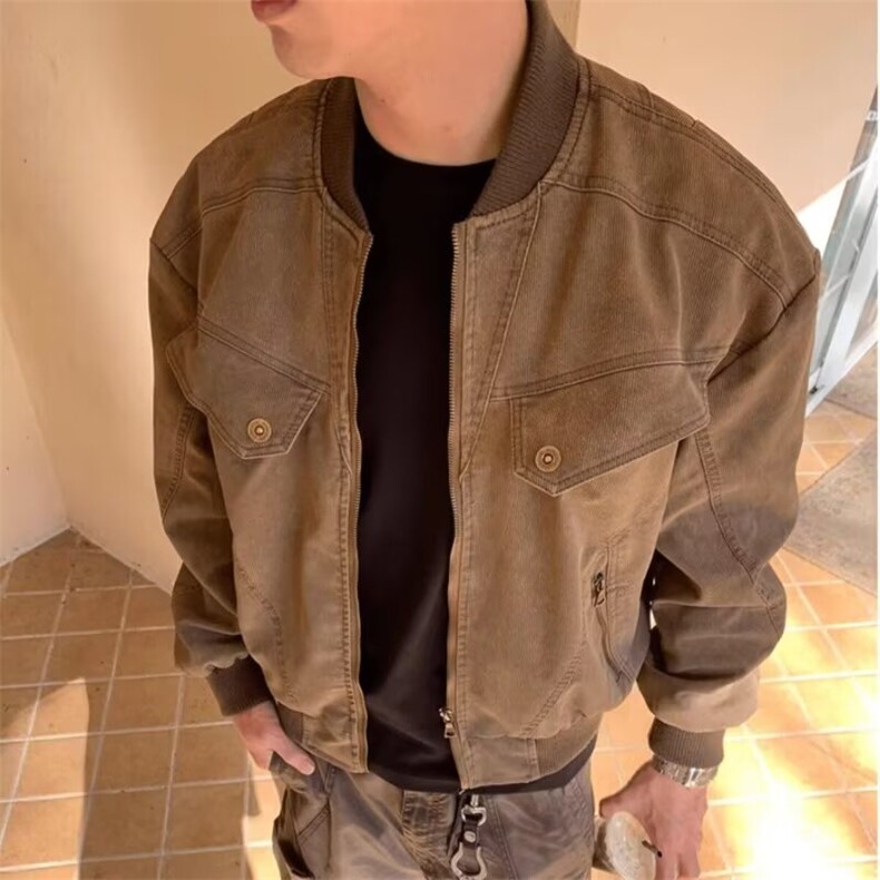 秋冬韩版时髦复古cleanfit工装皮质短款夹克外套男士宽松棒球服潮,男装夹克,星座516A
